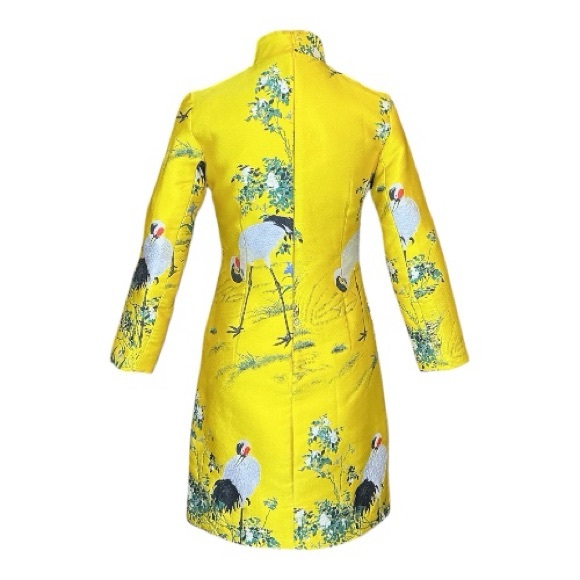 Yellow Crane Floral Print Cheongsam Qipao Mandarin Collar Min Dress Size M - Picture 3 of 9